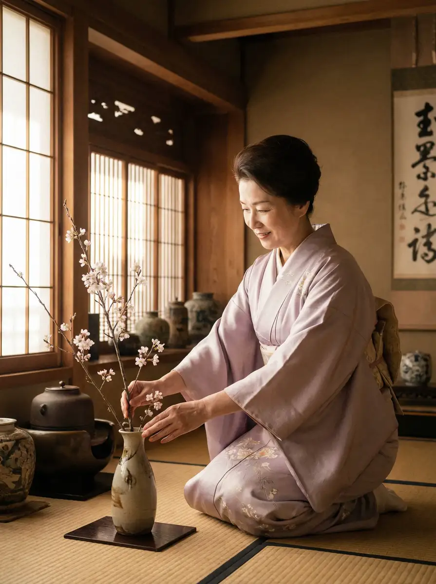 一位优雅的 乐鱼体育平台平台 在和室中插花